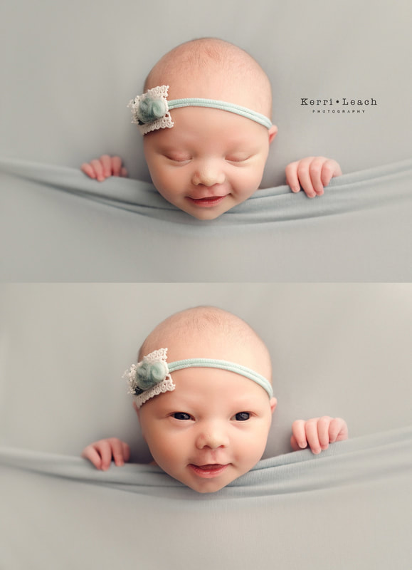 Newborn bean bag pose flow | Newborn bean bag posing | Newborn session mentoring | Newborn photographer Evansville | Kerri Leach Photography | Newborn photography studio Newburgh, IN | Newborn smiles 